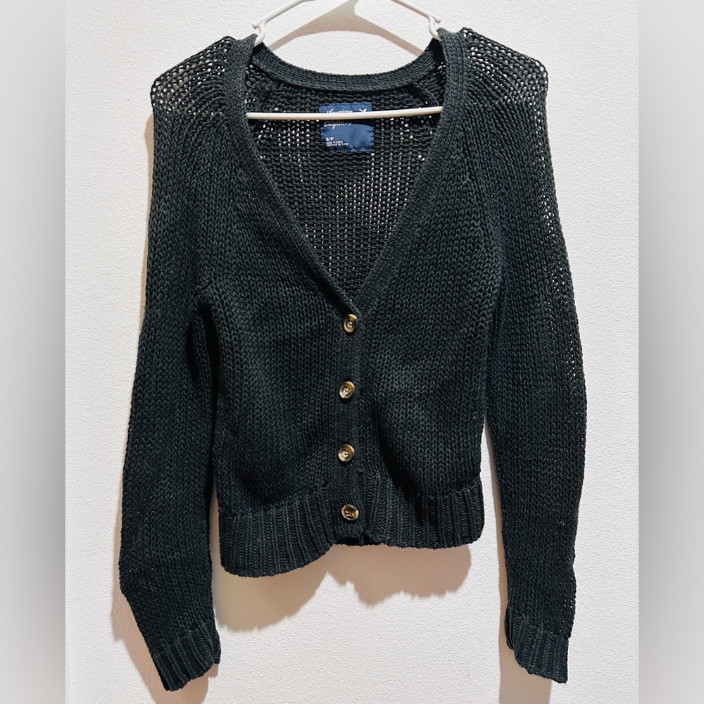 American Eagle Outfitters Women's Black Knit Ramie Cotton Cardigan Size SP